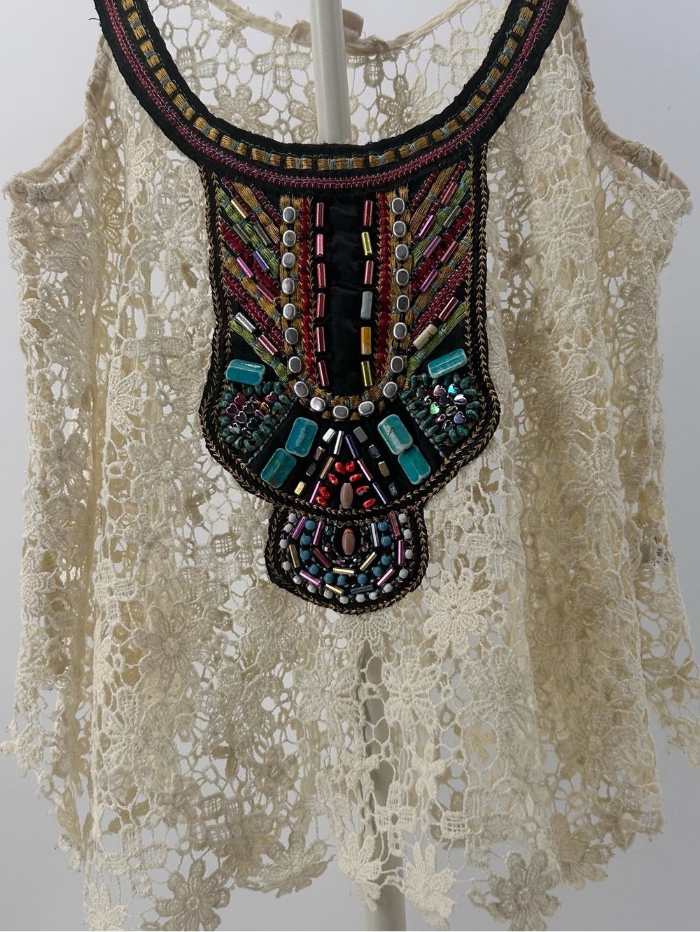 Double Zero Boho Lace Tank w/ Beaded Neckline Small